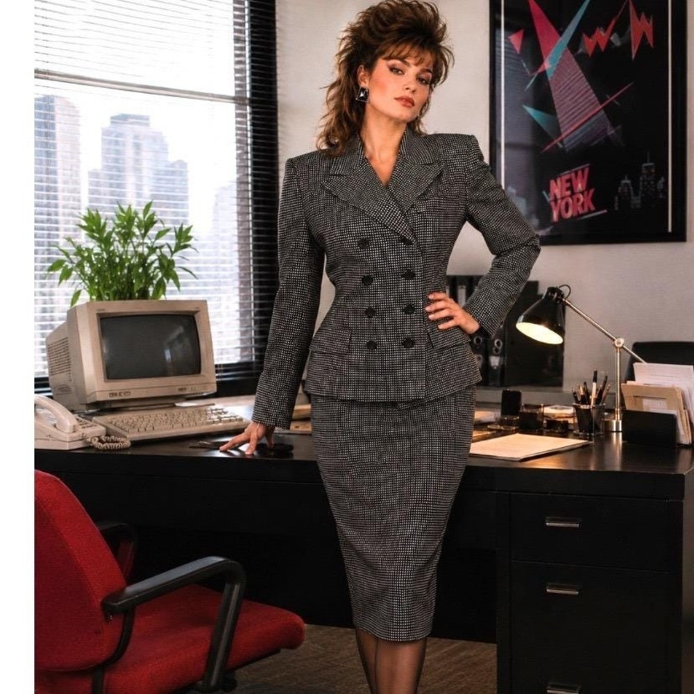 Vtg 80's Black‎ White Pin Dot Skirt Suit Double Breasted Blazer Skirt Set Sz 12